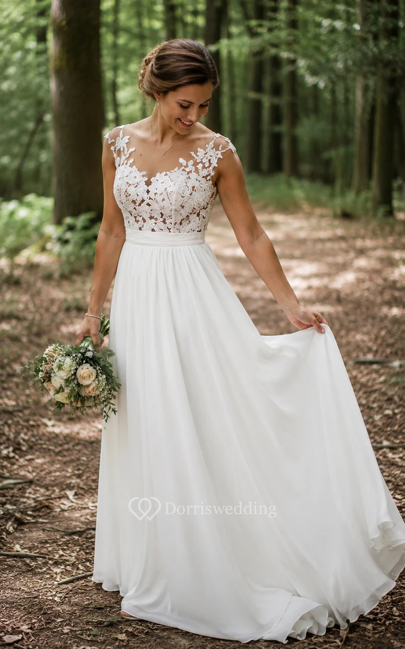 Robe de mariée en mousseline blanche à manches courtes et dentelle illusion, coupe trapèze view 9