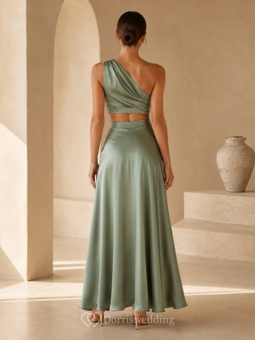 Modern Sage One-Shoulder Satin Two Piece A-Line Floor-Length Split Formal Dress view 2