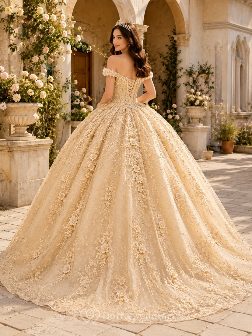 Off-Shoulder Champagne Quinceanera Ball Gown with Gold Lace Appliques view 2
