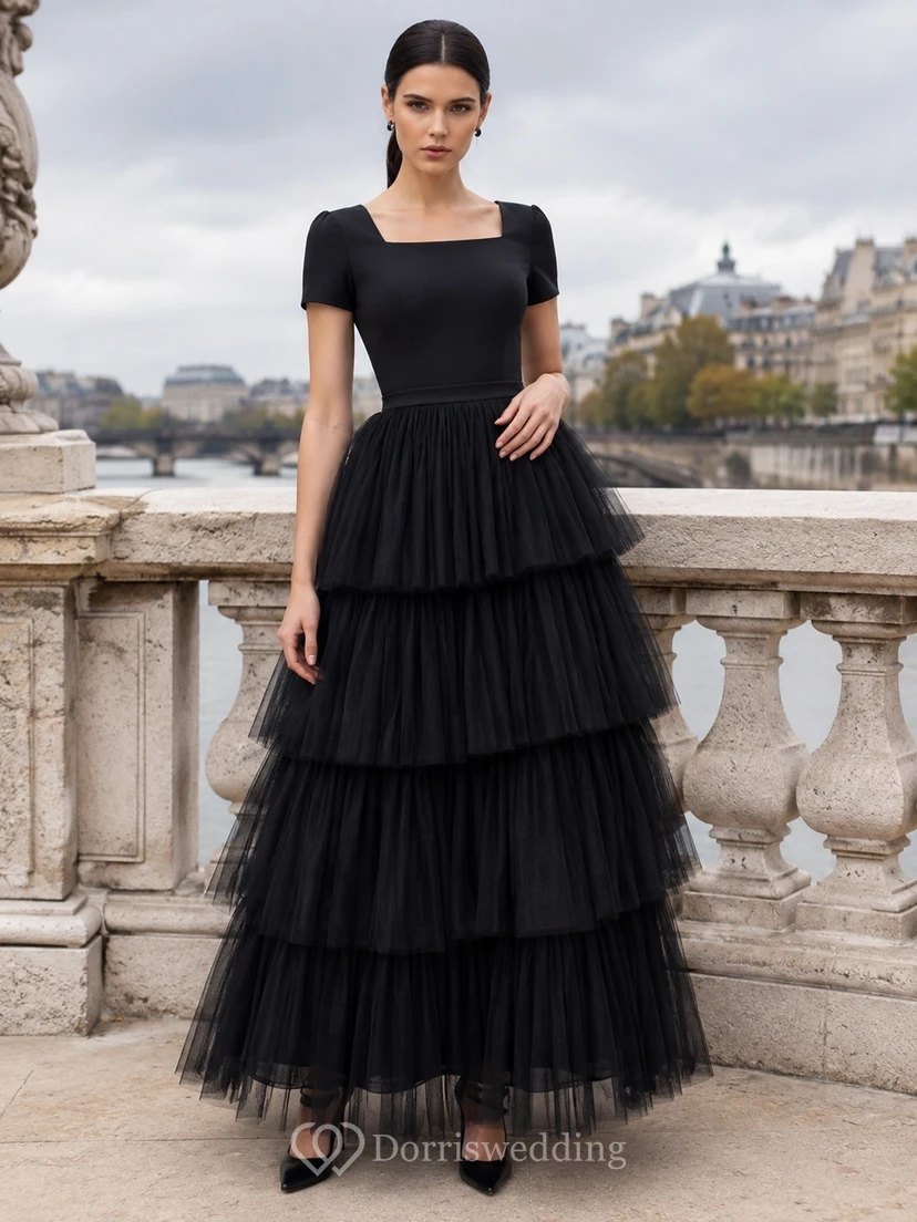 Black Square Neck Short Sleeve Tiered Tulle Ball Gown Floor-Length Vintage Formal Dress