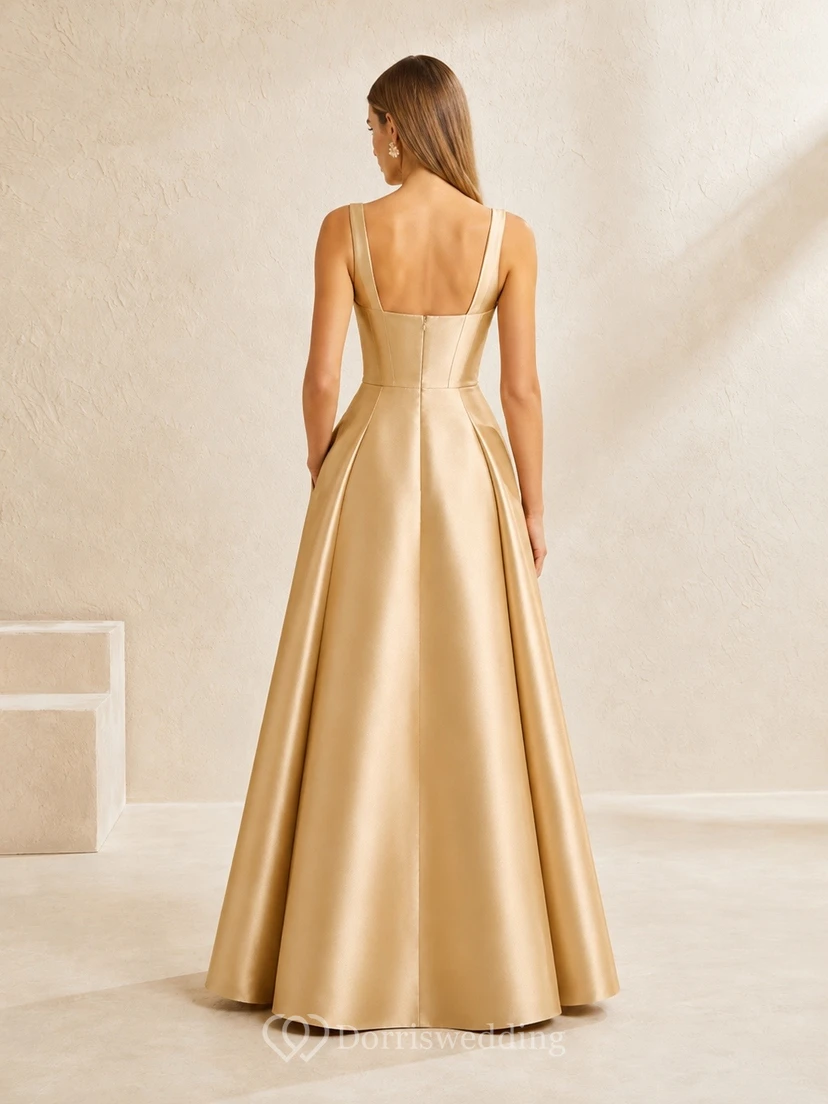 Simple Champagne Square Neck Spaghetti Sleeveless Floor-length Satin A-line Dress view 2