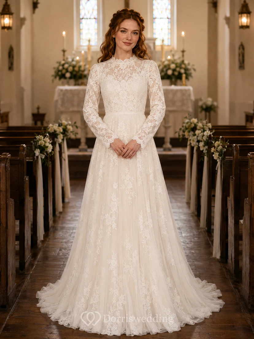 Robe de mariée modeste à col montant en dentelle et manches longues, style chapelle