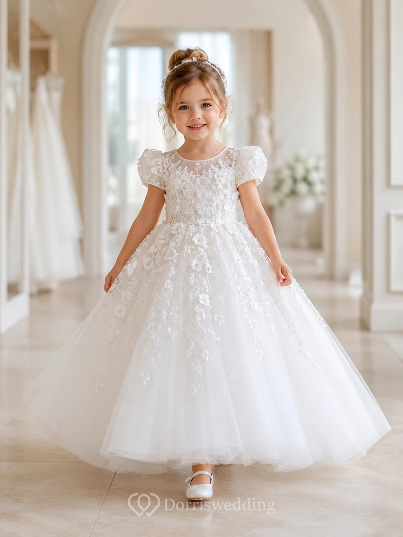 Robe de demoiselle d'honneur en tulle et dentelle à manches bouffantes