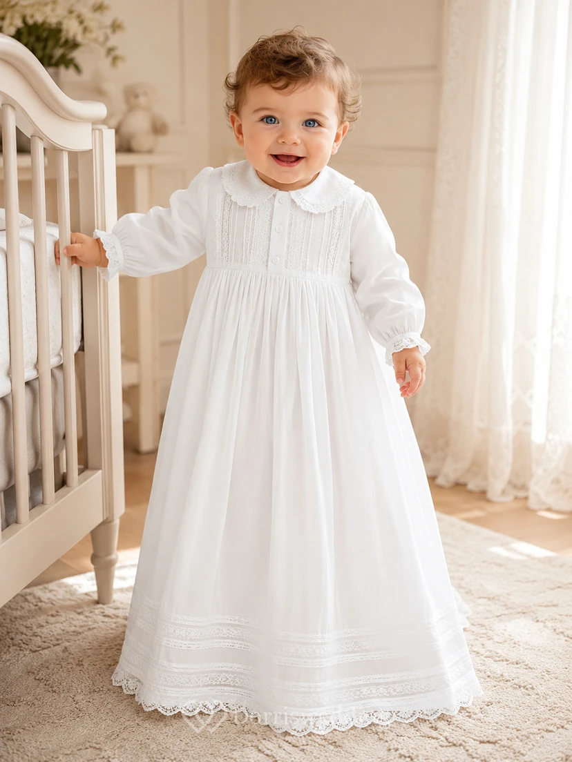 Weißes, langärmeliges Taufkleid mit Peterkragen und Steppnähten für Jungen