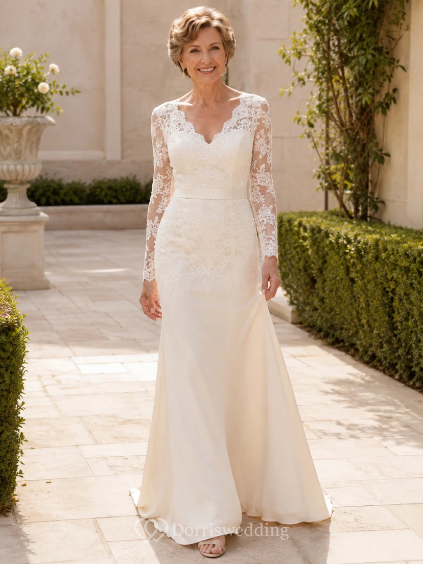 Romantic Mature Bride Mermaid Floral Lace Long Sleeve Sweep Train Wedding Gown