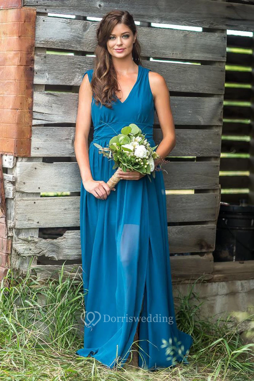 Chiffon V-neck Sleeveless Bridesmaid Dress with Front Slit view 3
