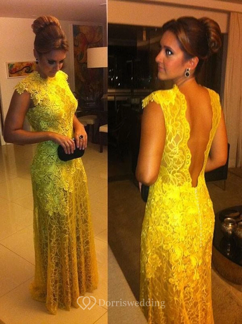 A-line Short Sleeves Lace High Neck Floor-Length Dresses