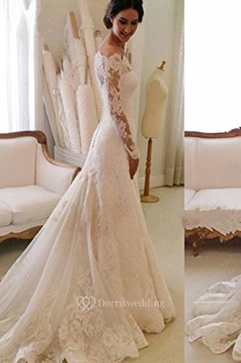 Vestido de corte A con escote Bardot, completamente de encaje y mangas largas. view 6