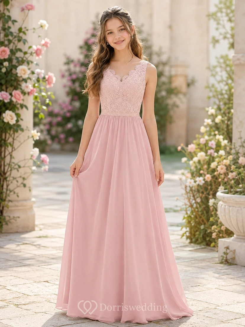 Elegantes, rosafarbenes Brautjungfernkleid im A-Linien-Stil mit Muschelsaum, ärmellos, aus Chiffon und Spitze