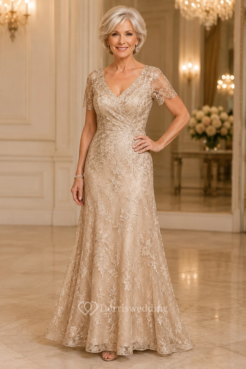 MOB Dress Champagne Lace Sequin Mermaid Short Sleeve V-Neck Floor Length Beaded