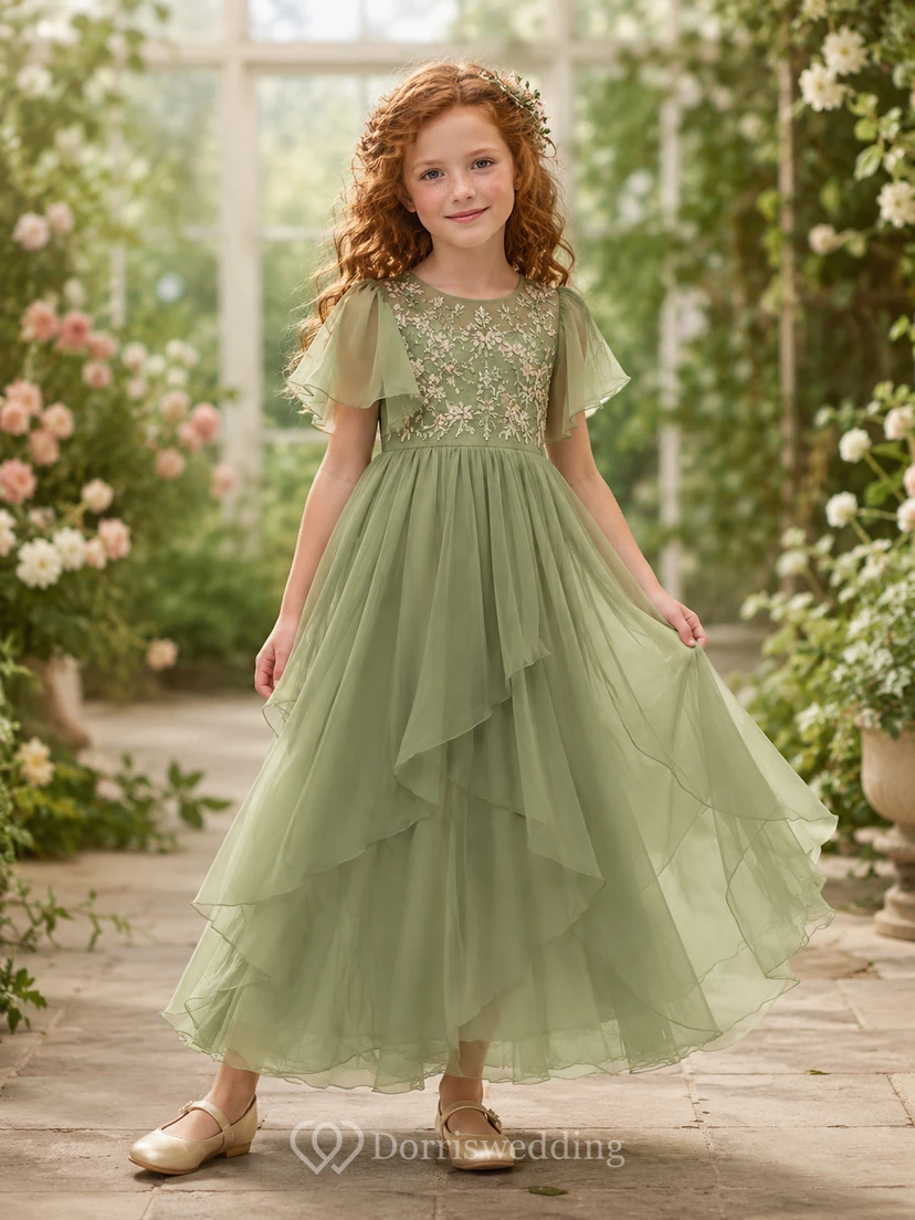 Flower Girl Dress Sage Lace Tulle A-Line Scoop Neck Tea Length Ruffle Detail