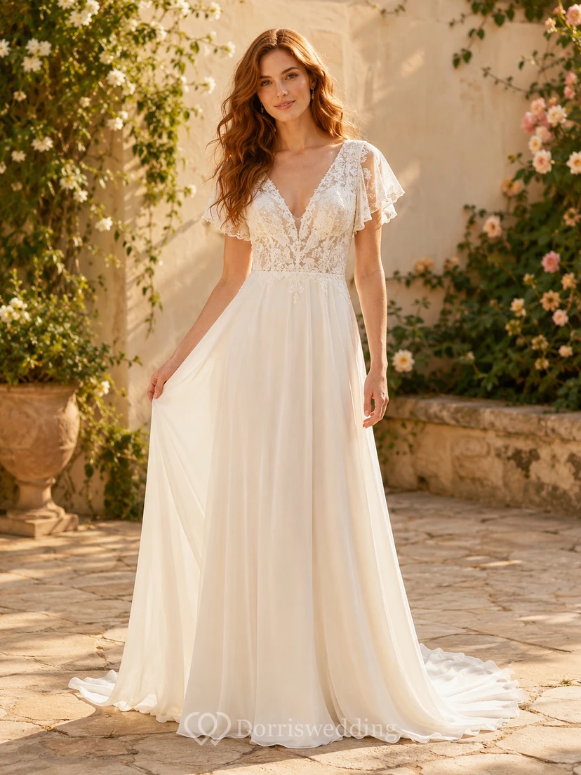Vestido de novia de gasa y encaje para la playa, corte en A, escote en V, mangas con volantes y cola larga.