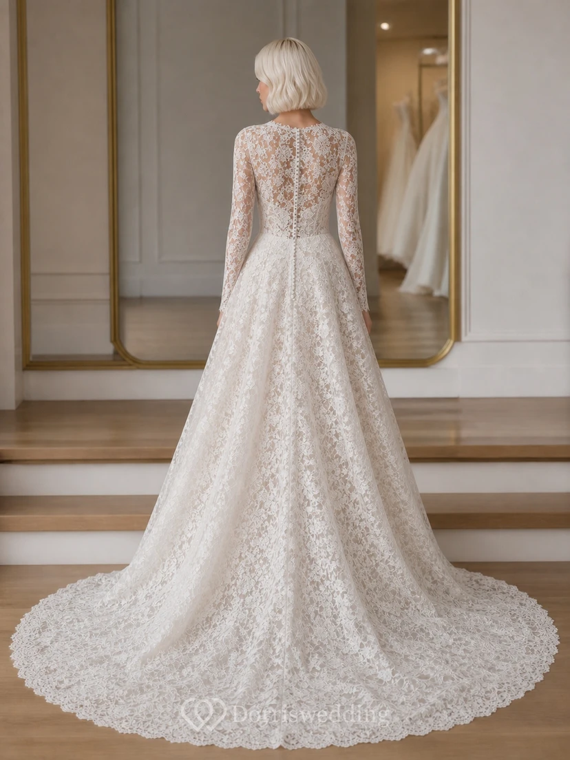 Vestido de novia de encaje de corte A con mangas largas y estilo catedral para novias mayores y modestas view 2