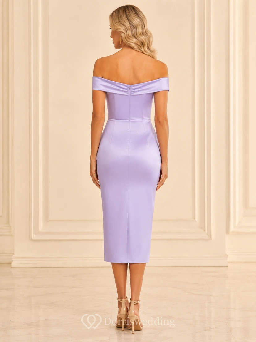 Lavender Off Shoulder Stretch Satin Midi Sheath Cocktail Guest Dress view 2
