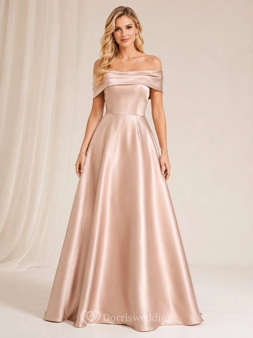 Pearl Pink Satin Off-the-shoulder A-Line Pleated Floor-length Romantic Formal Gown