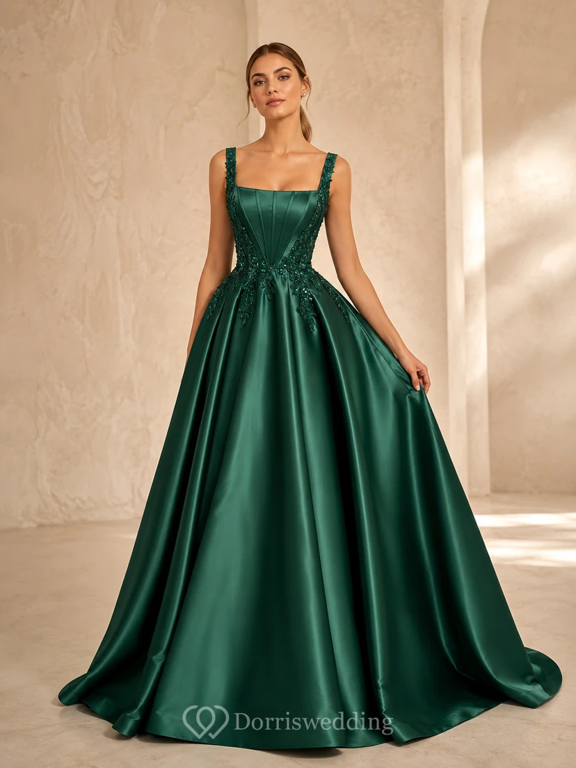 Dark Green Simple Square Neck Straps Satin Court Train Sweet Sixteen Formal Ball Gown