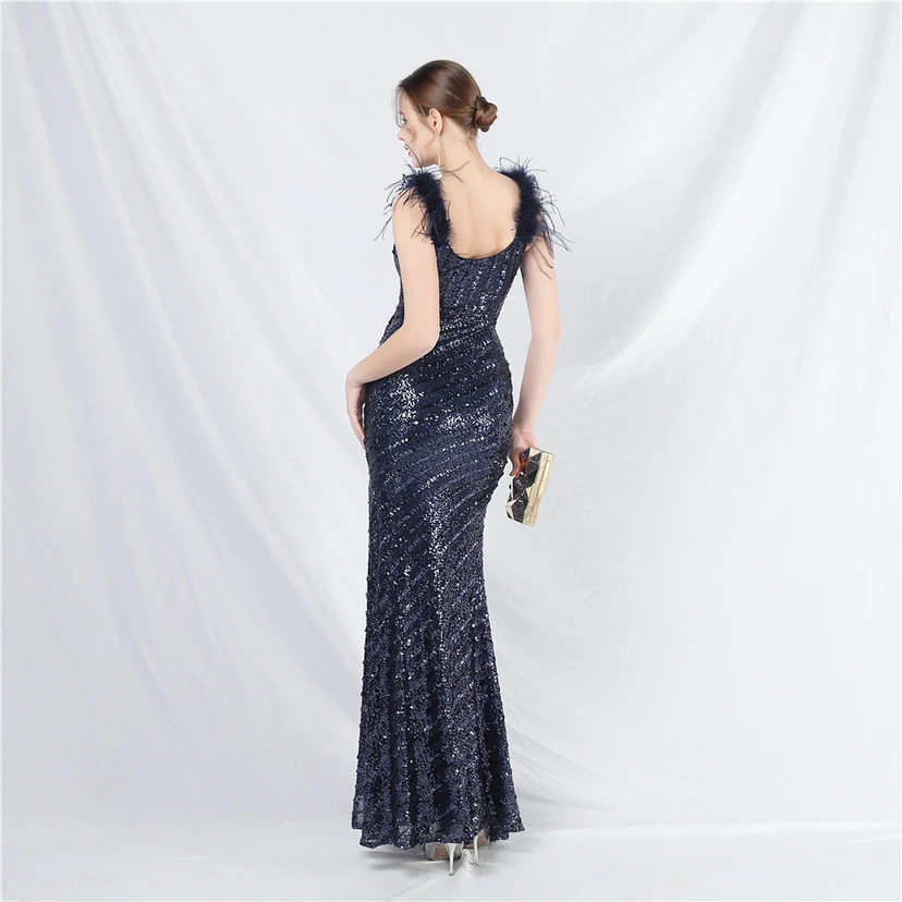 Evening Dress Craft Beaded Ostrich Feather Sequined Side Slit Evening Dress view 42