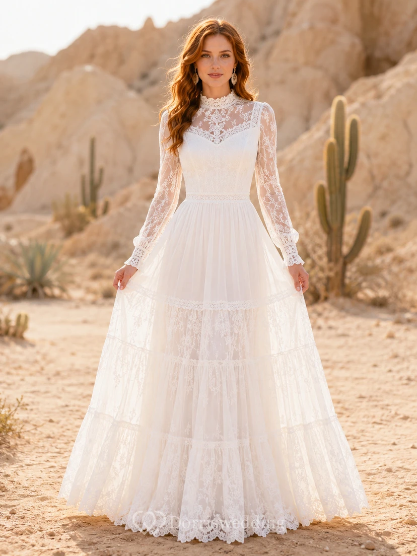 Robe de mariée western à col montant, manches illusion en dentelle à volants et coupe trapèze