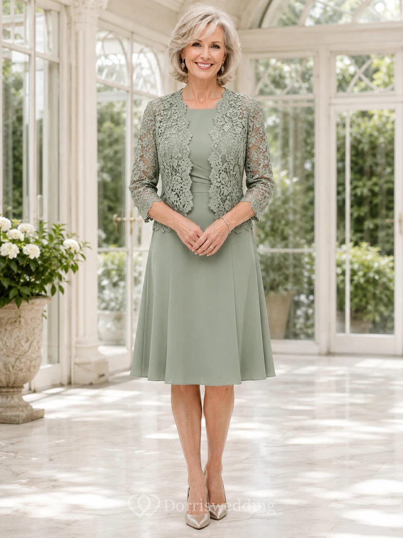 Elegantes, knielanges Cocktailkleid in Salbeigrün mit A-Linien-Schnitt, Rundhalsausschnitt, Dreiviertelärmeln und einer Jacke aus Muschelspitze mit Rundhalsausschnitt.