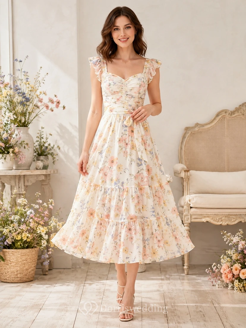 Ivory Floral Chiffon Jewel Neck Short Sleeve A-Line Tea-length Dress
