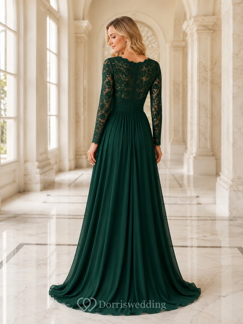 Dunkelgrünes Abendkleid in A-Linie mit V-Ausschnitt, Illusionsspitze, langen Ärmeln view 2