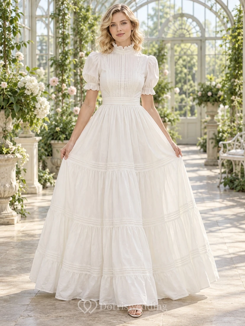 High Neck Puff Sleeve Pintucked Ruffled Tiered Woven Romantic Full-Length Wedding Dress