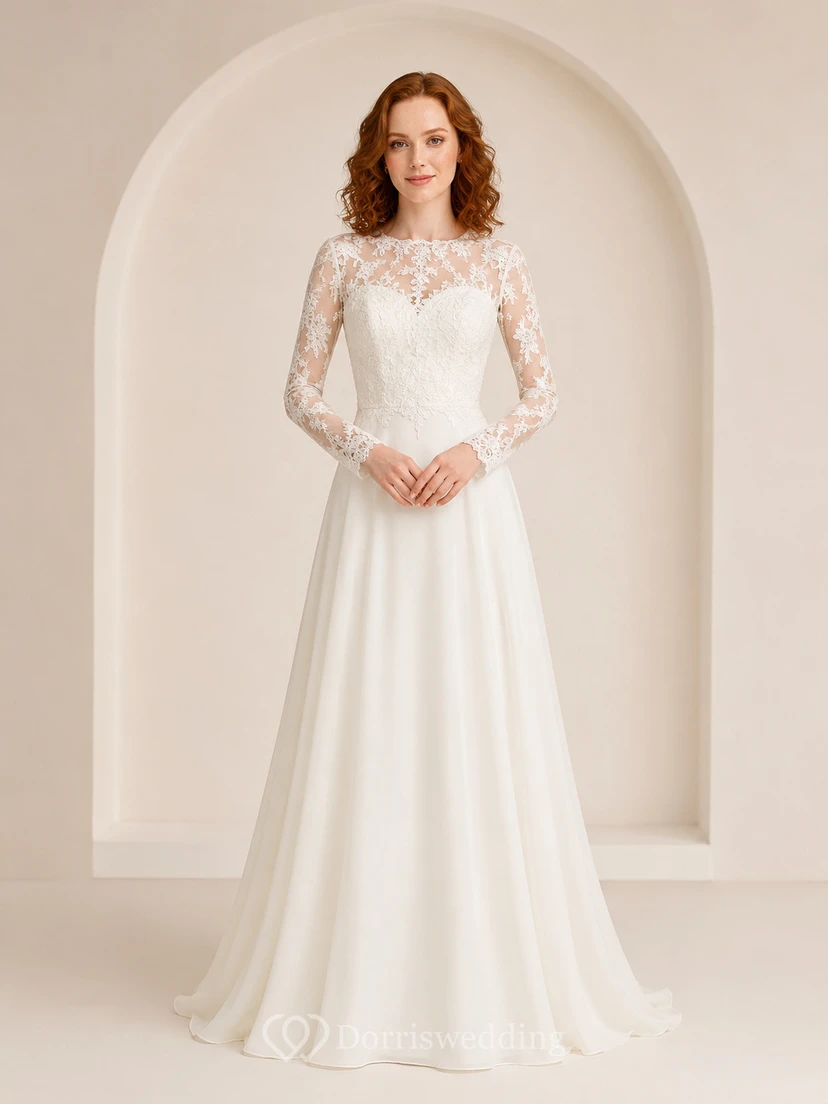 Simple Long Sleeve Lace Bateau A-Line Studio Bridal Gown
