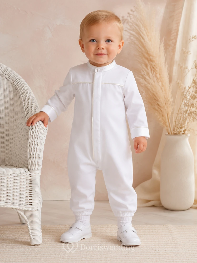 White Mandarin Collar Long Sleeve Christening Footless Romper for Baby Boy