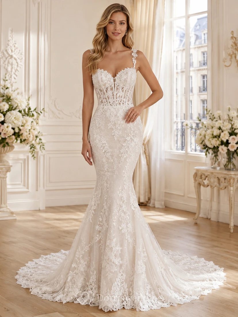 Robe de mariée sirène sans manches en dentelle royale, bretelles cœur et traîne chapelle, ornée d'appliqués floraux, style jardin.