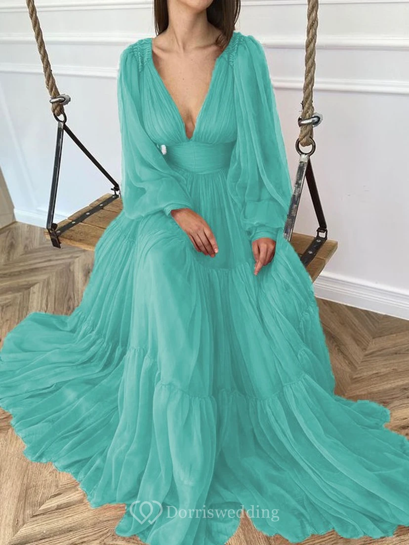 Sexy V-neck Puff Long Sleeve Chiffon Layered Empire Dress view 17