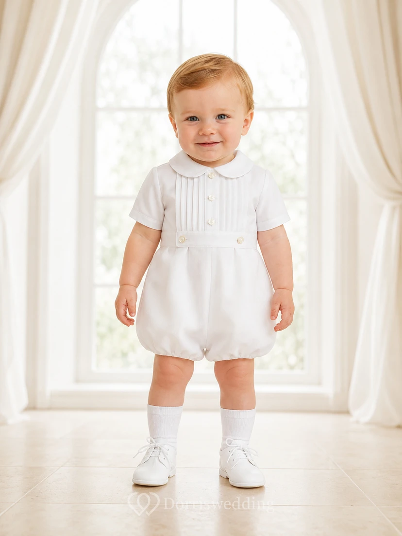 White Button Front Peter Collar Short Sleeve Christening Bubble for Baby Boy