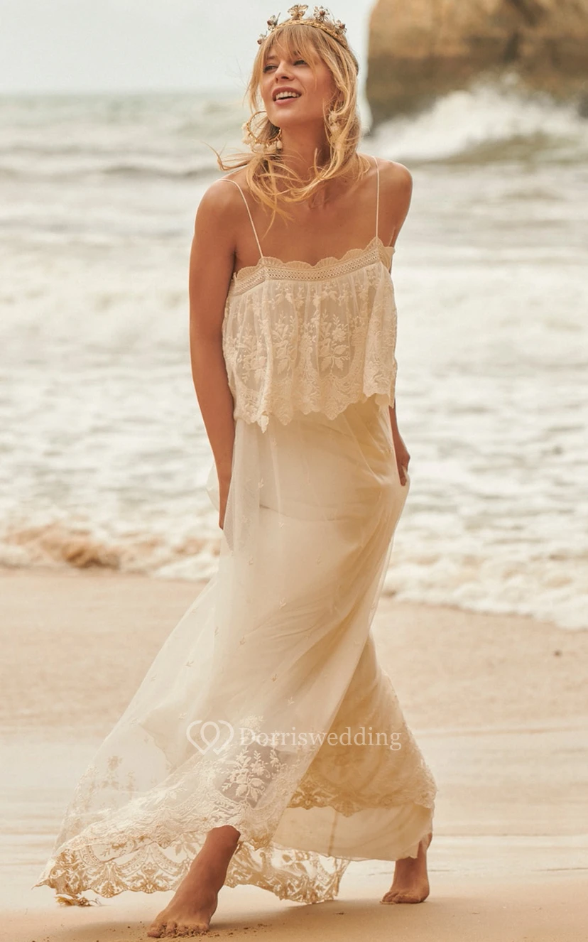 Hippie-Spaghetti-Vintage-inspiriertes Spitzen-Strandhochzeitskleid video preview