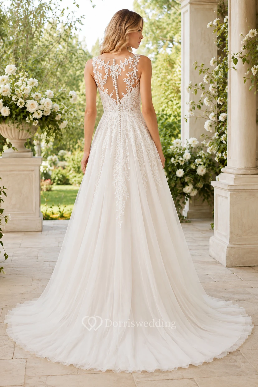 Evening Gown Ivory Lace Tulle A-Line V-Neck Sleeveless Chapel Train view 2