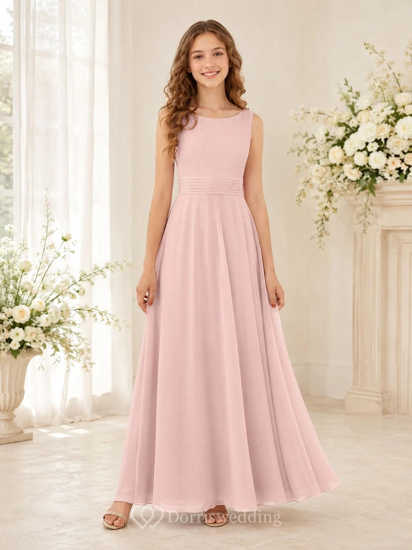 Zartrosa A-Linien-Kleid für junge Brautjungfern aus Chiffon mit geraffter Taille, ärmellos und elegant