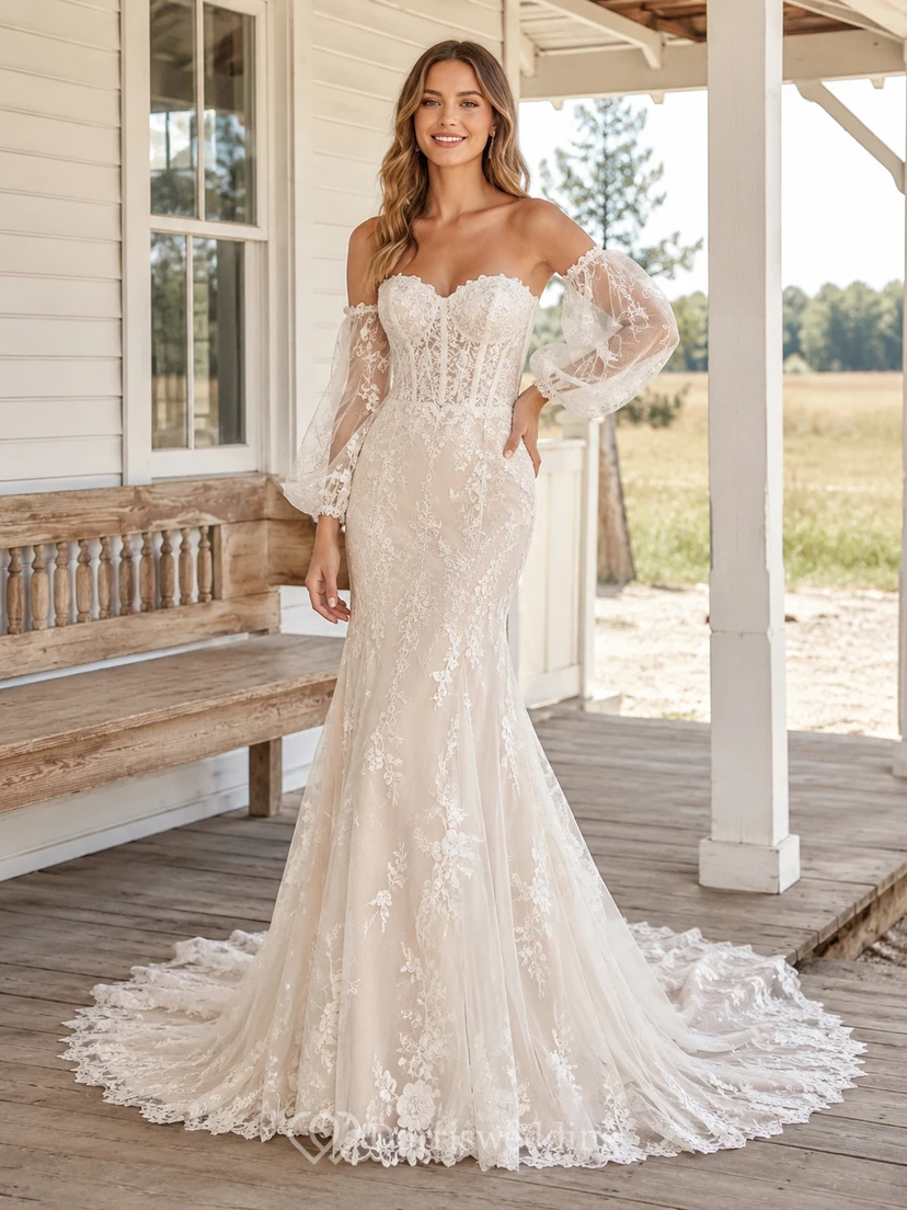 Country Off Shoulder Long Puff Sleeve Floral Lace Mermaid Chapel Train Wedding Dress