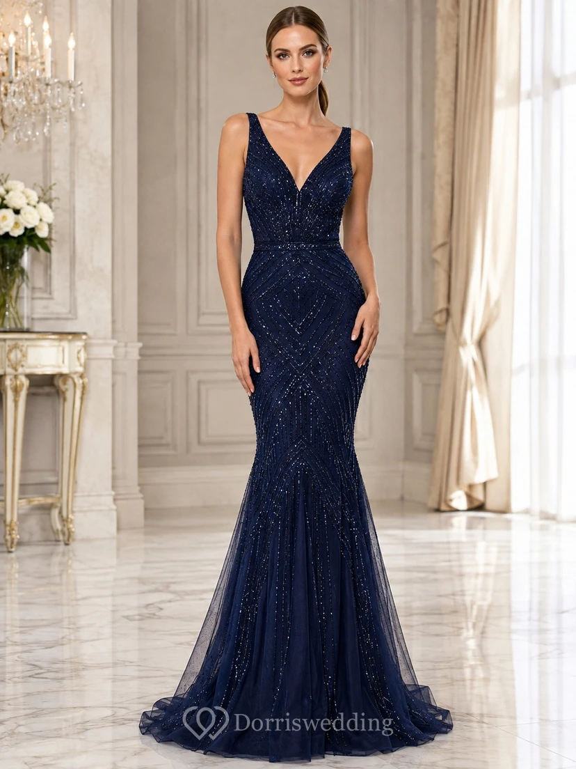 Dark Navy Beaded V-Neck Lace Mermaid Sweep Train Gown