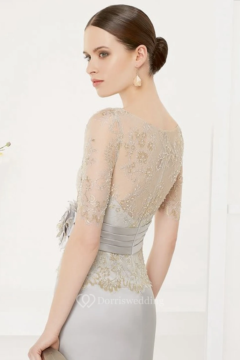 Bateau Short Sleeve Sheath Satin Long Dress With Lace Top And Flower view 2