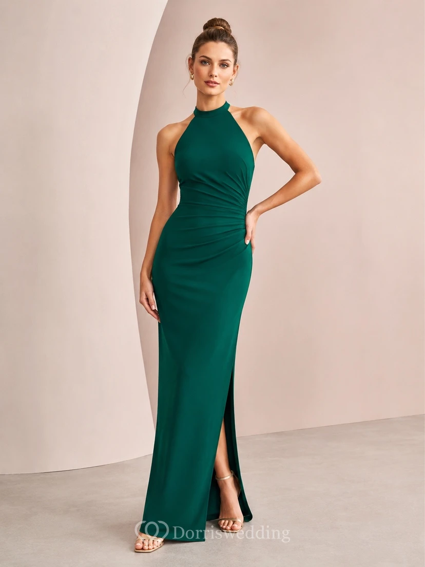Emerald Green Satin High Neck Ruched Sheath Slit Formal Dress