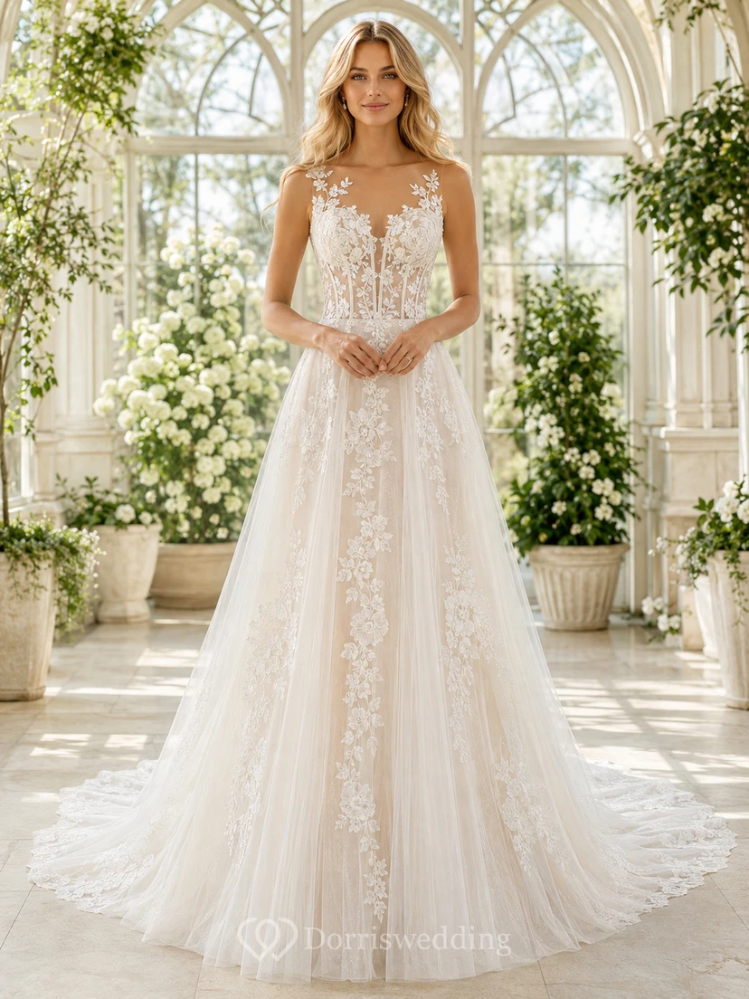 Lace Tulle Wedding Dress A-Line V-Neck Sleeveless Sweep Train Low V Back Bridal Gown