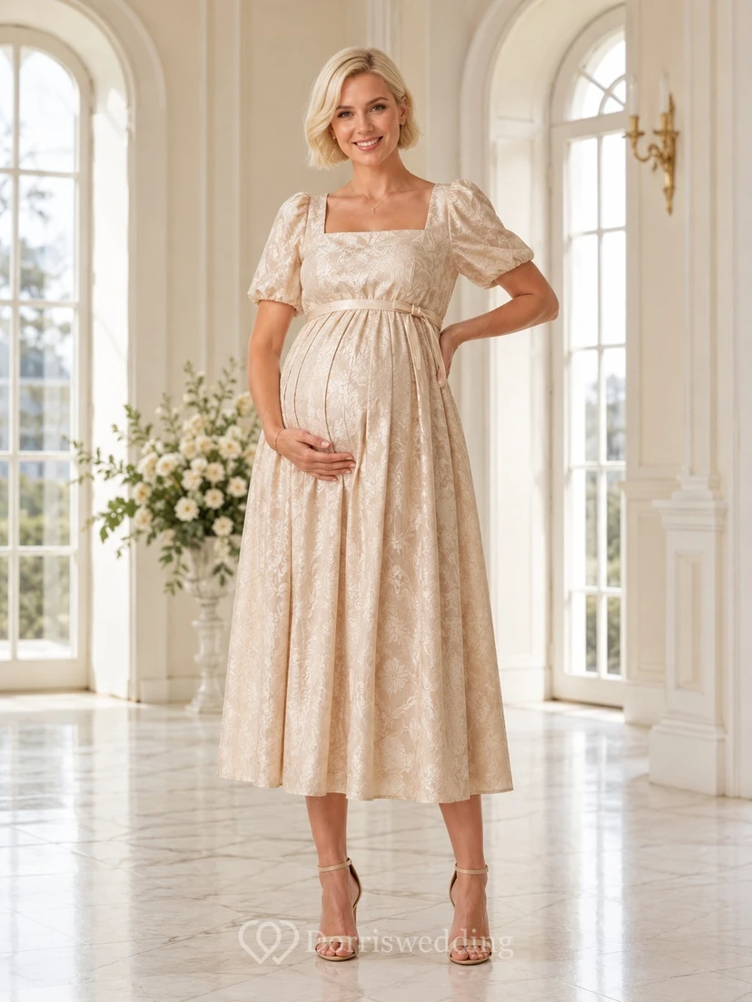 Champagnerfarbenes Umstandskleid, A-Linie, Blumenmuster, eckiger Ausschnitt, Puffärmel, Vintage-Stil