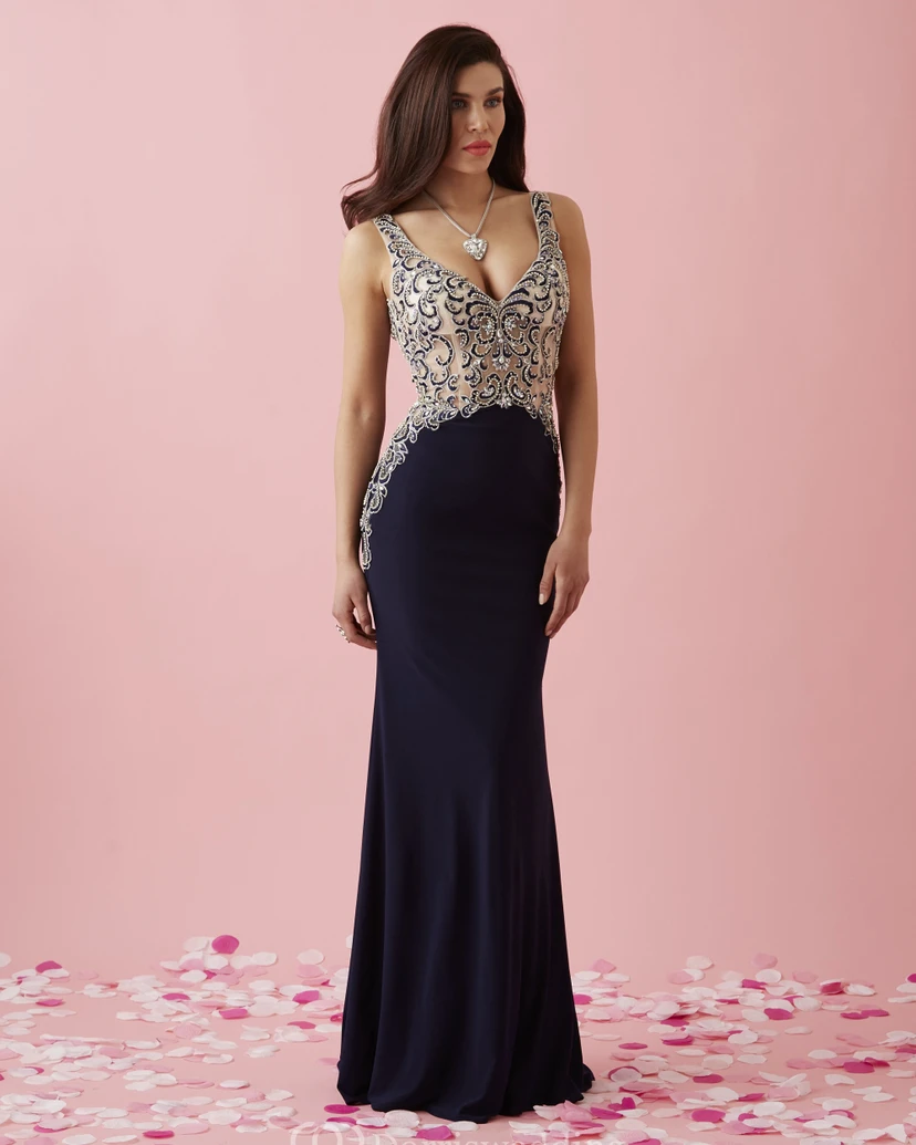 Sheath V-Neck Sleeveless Jersey Deep-V Back Dress With Beading