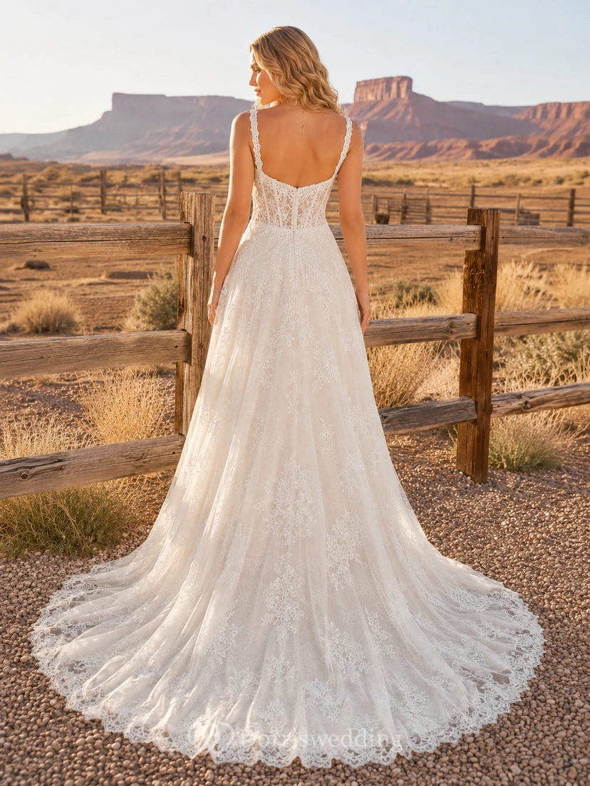 Robe de mariée trapèze en dentelle à bretelles style western rustique avec traîne view 2