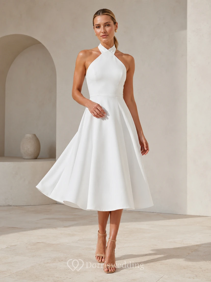 1950s Ivory A-Line Tea-length Halter Sleeveless Satin Vintage Simple Cocktail Guest Reception Dress