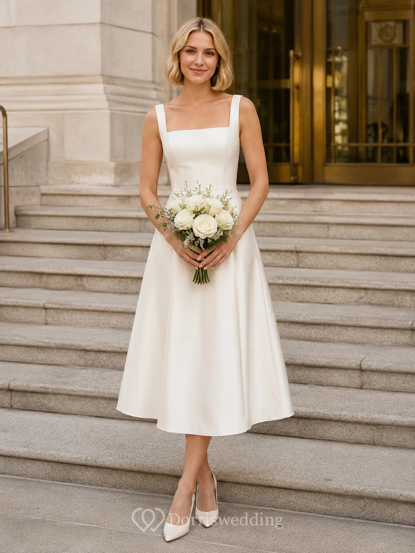 Elegante vestido de novia de satén de cuello cuadrado y largo hasta la rodilla estilo juzgado