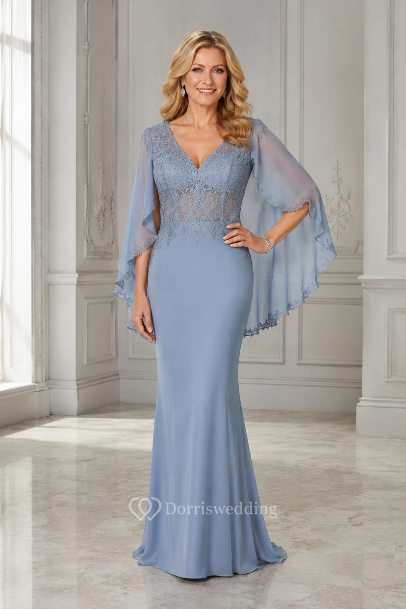 Vestido de sirena azul empolvado con escote en V y mangas tipo capa para madres.