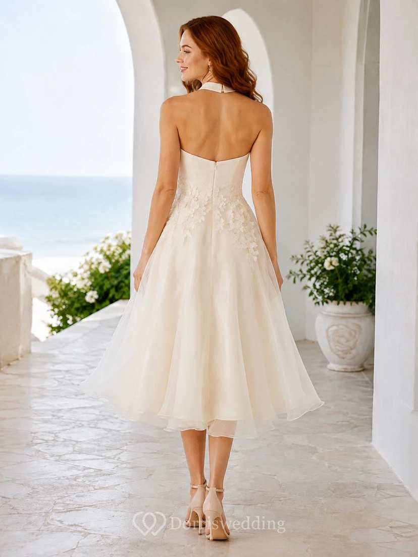 Halter Neck Sleeveless Tulle A-Line Tea-Length Beach Wedding Dress view 2