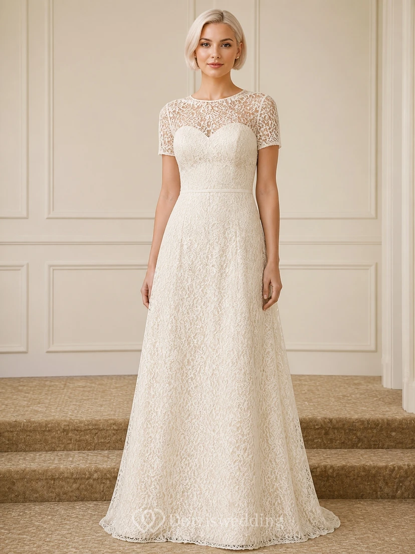 Schlichtes Vintage-Hochzeitskleid aus Spitze mit hohem Kragen, kurzen Ärmeln und A-Linie