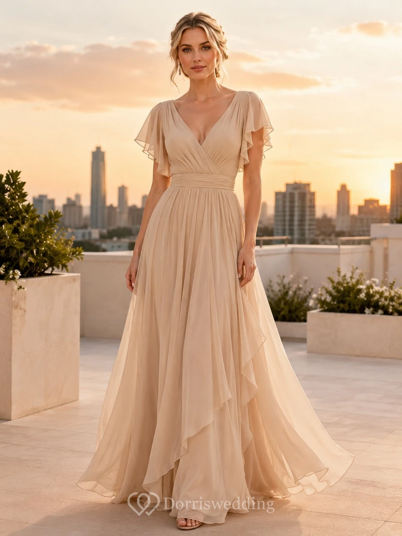 Champagne V-neck Petal Short Sleeve Chiffon Floor-length A-line Romantic Garden Dress