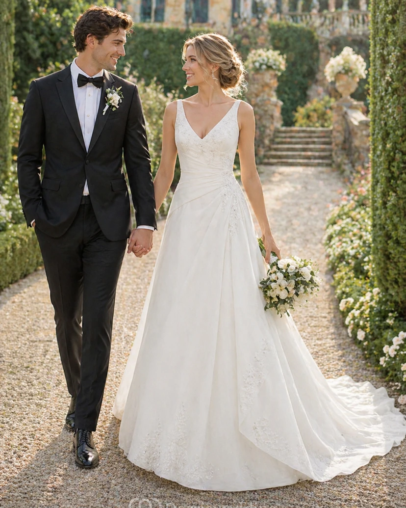 Robe de mariée trapèze à col en V, ornée d'appliqués de dentelle, en mousseline de soie, avec corsage froncé et traîne. view 5