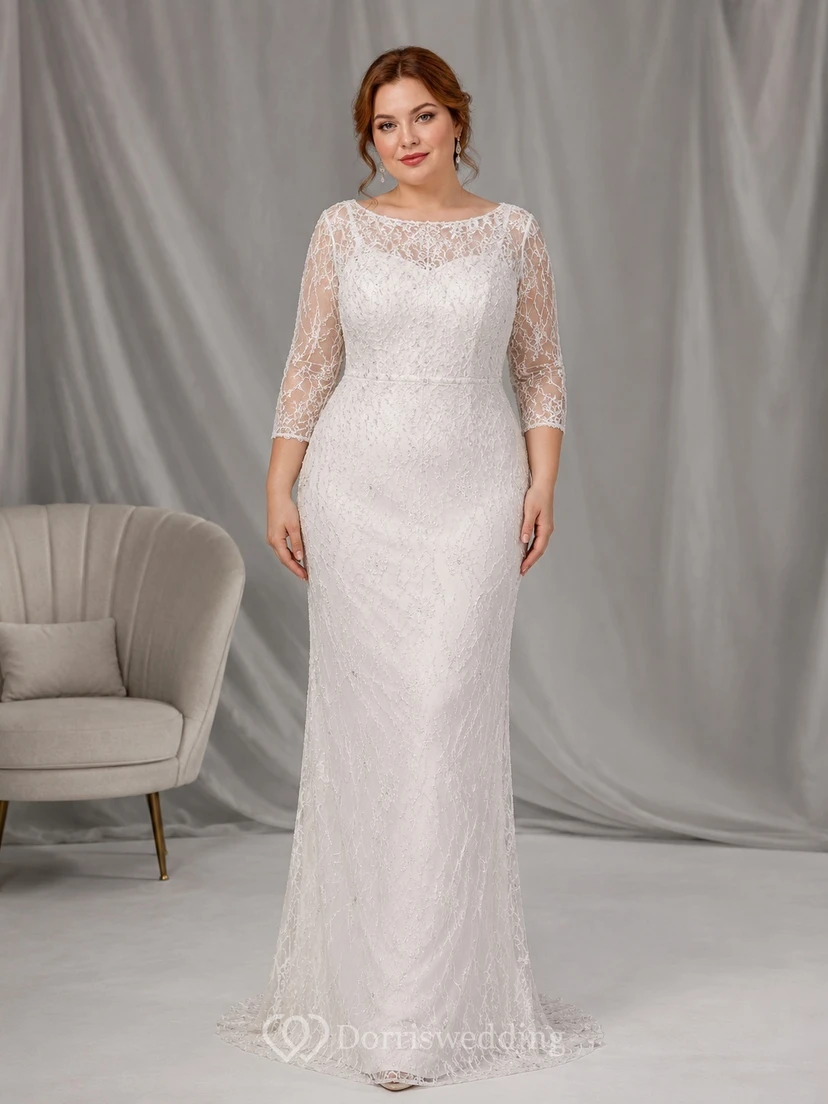 White Guest Lacework Mermaid/Trumpet Jewel Lace 3/4 Length Sleeve Floor-length Modest Dress